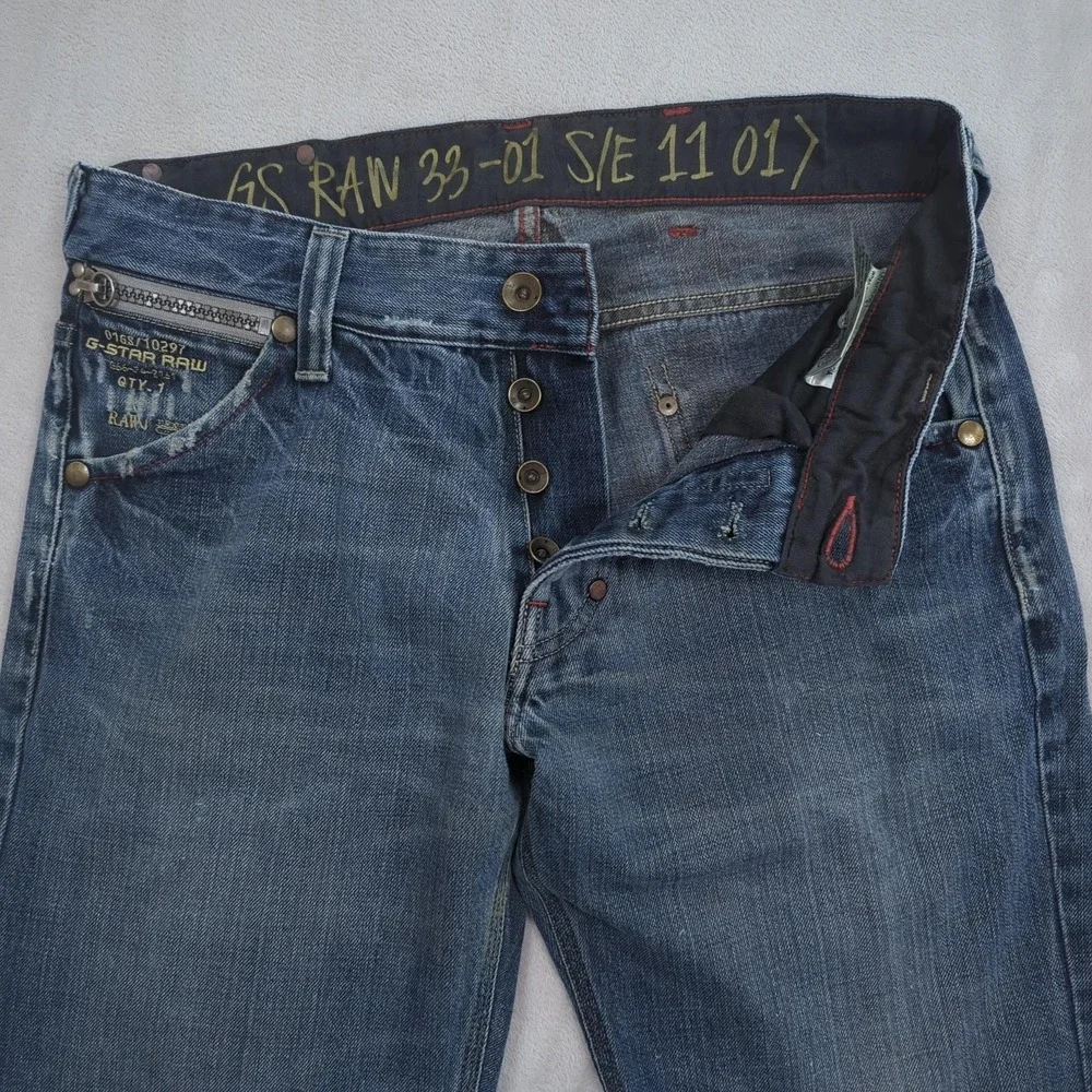 G-Star Raw Studs Straight Jeans Mens 34x32 Blue Denim Button Fly Studded Pockets